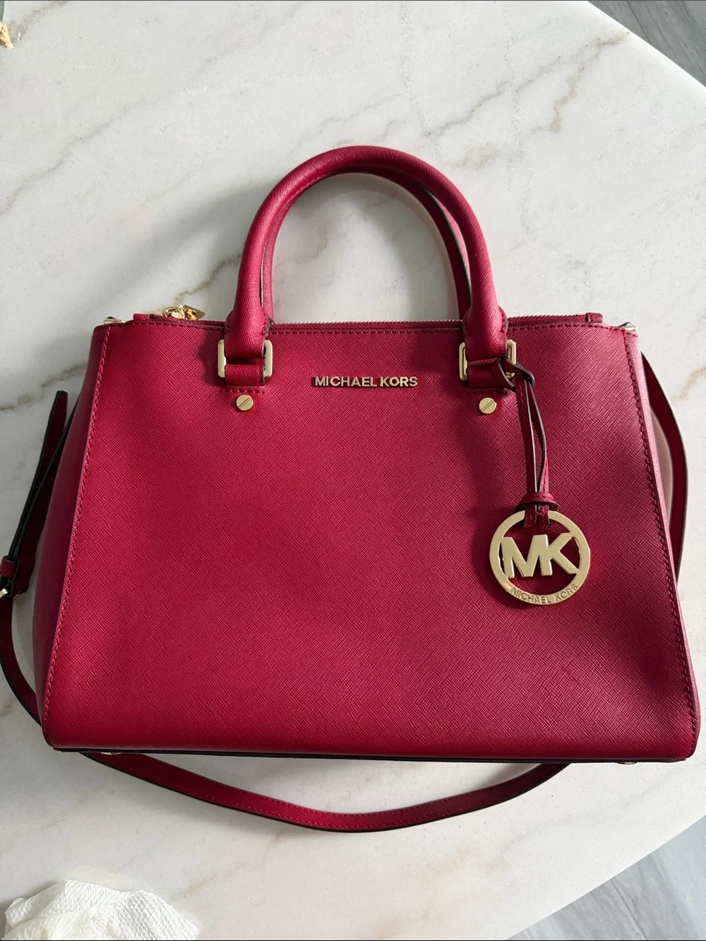 Michael Kors Cherry Red Saffiano Satchel with Gold Hardware